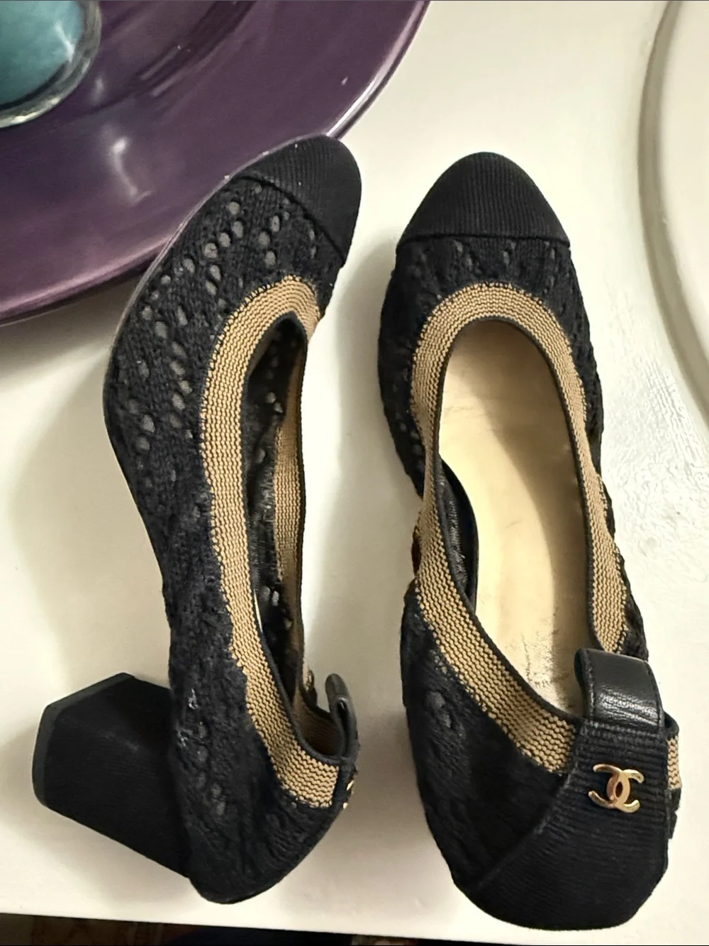 AUTHENTIC Chanel Black Lace Ballet Flats with Gold Accent - Women's Shoes